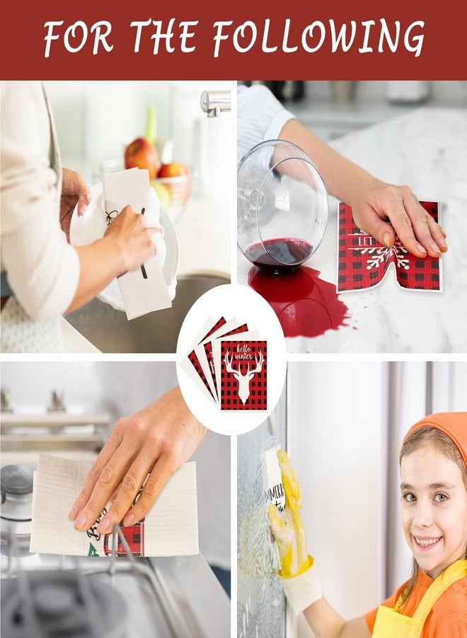 Whaline 6Pcs Christmas Swedish Dishcloths Red Buffalo Plaid Xmas Dish Towels Xmas Tree Snowflake Joy Reusable Absorbent Washable Cotton Kitchen Towels for Xmas Winter Cooking Wiping, 6.7 x 7.7 Inch - Image 5