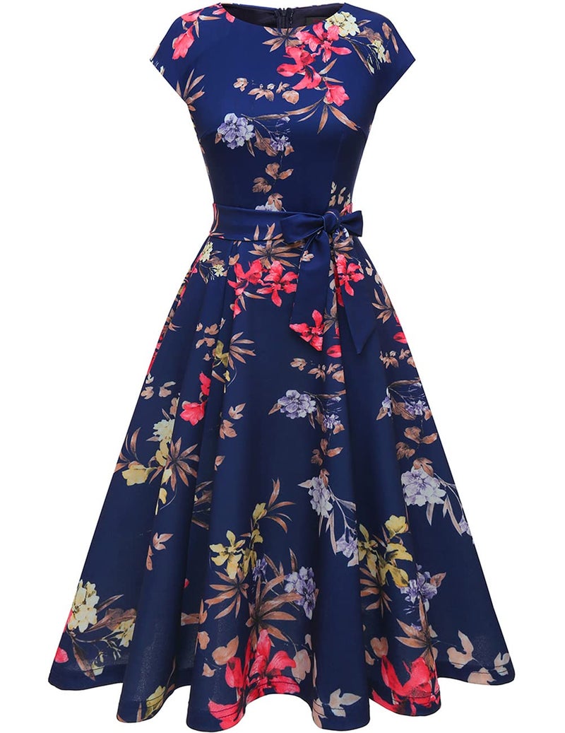 DRESSTELLS Cocktail Dresses, Women's Semi Formal Wedding Guest Floral Fancy Holiday Party Fit and Flare Aline Midi Evening Gowns Navy Flower 3XL - Image 2
