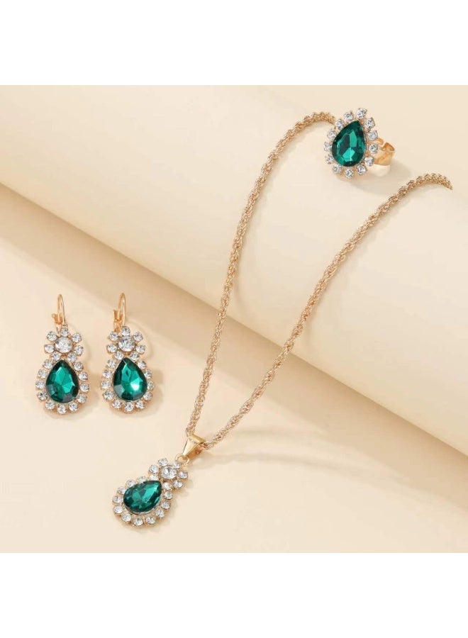 إينوشا طقم الزمرد الأخضر على الطراز القديم - مجموعة ثلاثية كاملة من القلادة المتدلية والأقراط الطويلة والخاتم الفاخر - Image 1