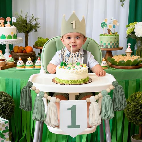 DCJHFJ Wild One High Chair Banner For 1st Birthday Party Boy Decorations With Green Tassel Garland Crown Hat Cake Topper - Image 2