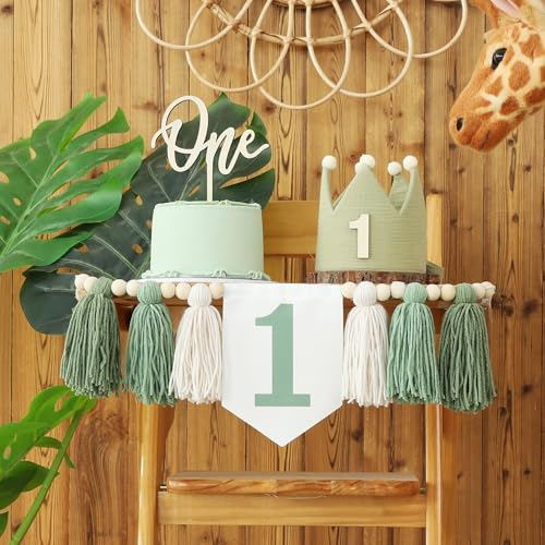 DCJHFJ Wild One High Chair Banner For 1st Birthday Party Boy Decorations With Green Tassel Garland Crown Hat Cake Topper - Image 3
