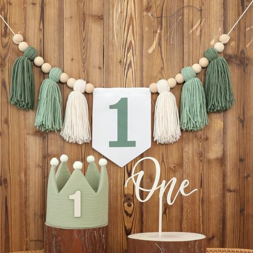 DCJHFJ Wild One High Chair Banner For 1st Birthday Party Boy Decorations With Green Tassel Garland Crown Hat Cake Topper - Image 1