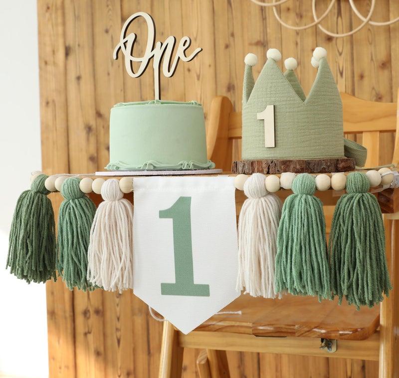 DCJHFJ Wild One High Chair Banner For 1st Birthday Party Boy Decorations With Green Tassel Garland Crown Hat Cake Topper - Image 5