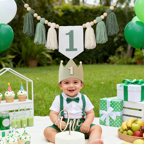 DCJHFJ Wild One High Chair Banner For 1st Birthday Party Boy Decorations With Green Tassel Garland Crown Hat Cake Topper - Image 4
