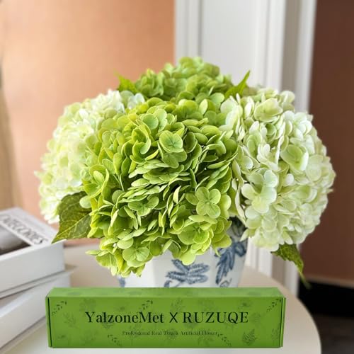 YalzoneMet Hydrangea Artificial Flower Natural Lifelike Real 21 inch Latex Long Stem 2 Light Green+2 Dark Green Hydrangea Flower Bouquets for Home Party Outdoor Wedding Table Centerpiec Decor - Image 1