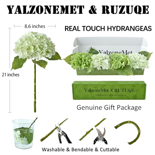 YalzoneMet Hydrangea Artificial Flower Natural Lifelike Real 21 inch Latex Long Stem 2 Light Green+2 Dark Green Hydrangea Flower Bouquets for Home Party Outdoor Wedding Table Centerpiec Decor - Image 3