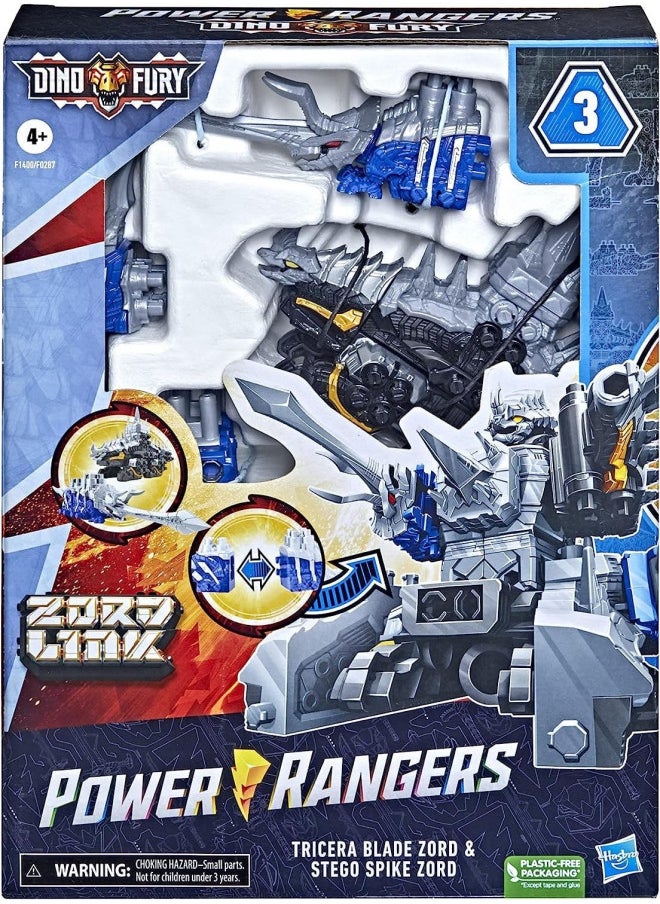 POWER RANGERS Power Rangers Dino Fury Blue Tricera Blade and Black Stego Spike Zord Toys for Kids Ages 4 and Up Zord Link Mix-and-Match Custom Build System  - Image 1