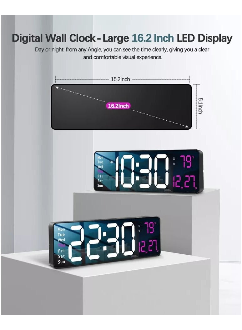 شوبيت ساعة حائط رقمية 16.2 بوصة شاشة عرض كبيرة مع جهاز تحكم عن بعد لديكور غرفة المعيشة، ساعة كبيرة مع درجة حرارة التاريخ والأسبوع - Image 3