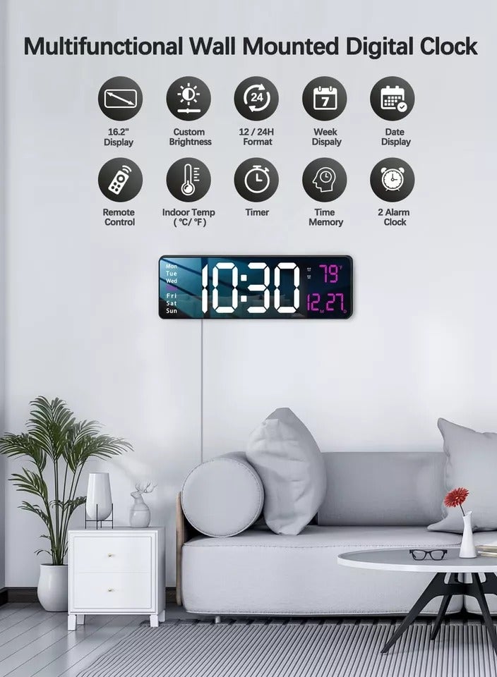 شوبيت ساعة حائط رقمية 16.2 بوصة شاشة عرض كبيرة مع جهاز تحكم عن بعد لديكور غرفة المعيشة، ساعة كبيرة مع درجة حرارة التاريخ والأسبوع - Image 5