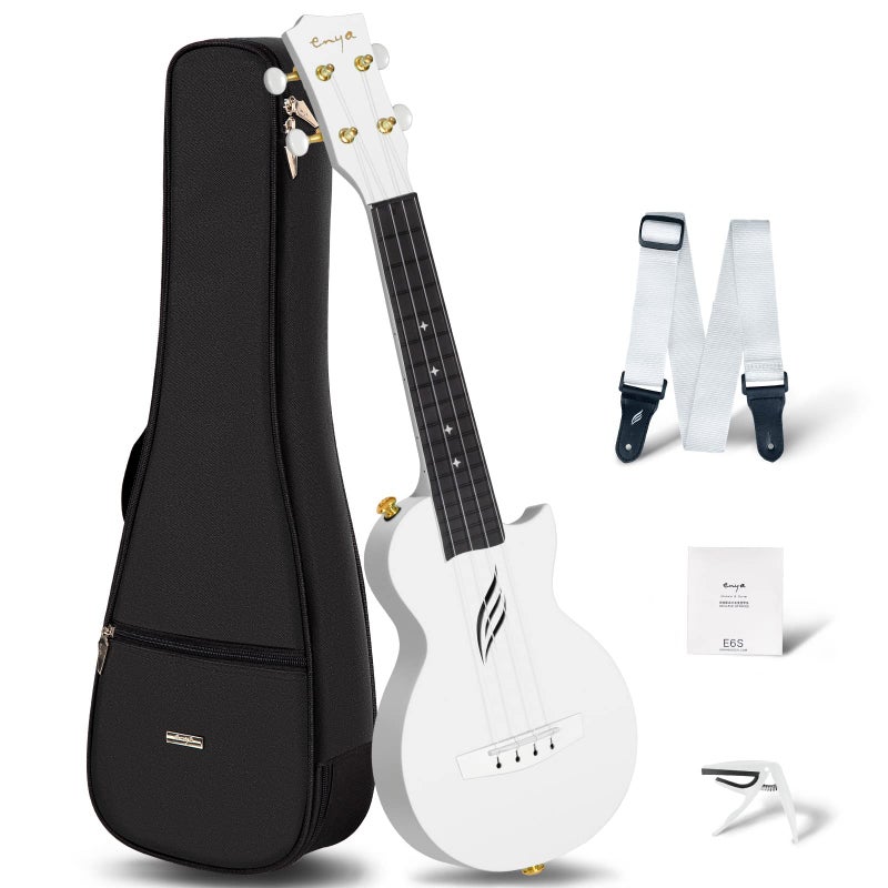 Enya Soprano Ukulele 21 Inch Carbon Fiber Travel Ukelele with Beginner Bundle Kit Including Case Strap Capo and StringsNova U Mini White