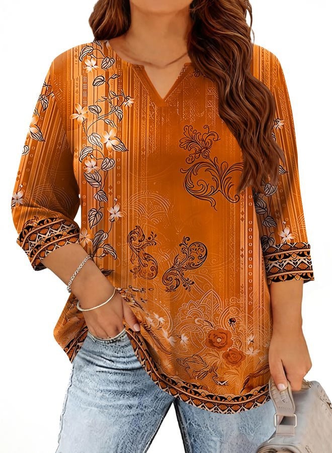 TFSDOD Plus Size Tops for Women V Neck T Shirt 3/4 Length Sleeve Blouse Dressy Casual Tee Loose Fit XL-5X, Orange Yellow Floral, XL - Image 1