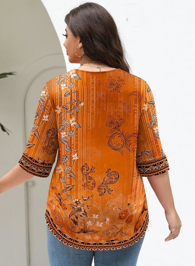 TFSDOD Plus Size Tops for Women V Neck T Shirt 3/4 Length Sleeve Blouse Dressy Casual Tee Loose Fit XL-5X, Orange Yellow Floral, XL - Image 3
