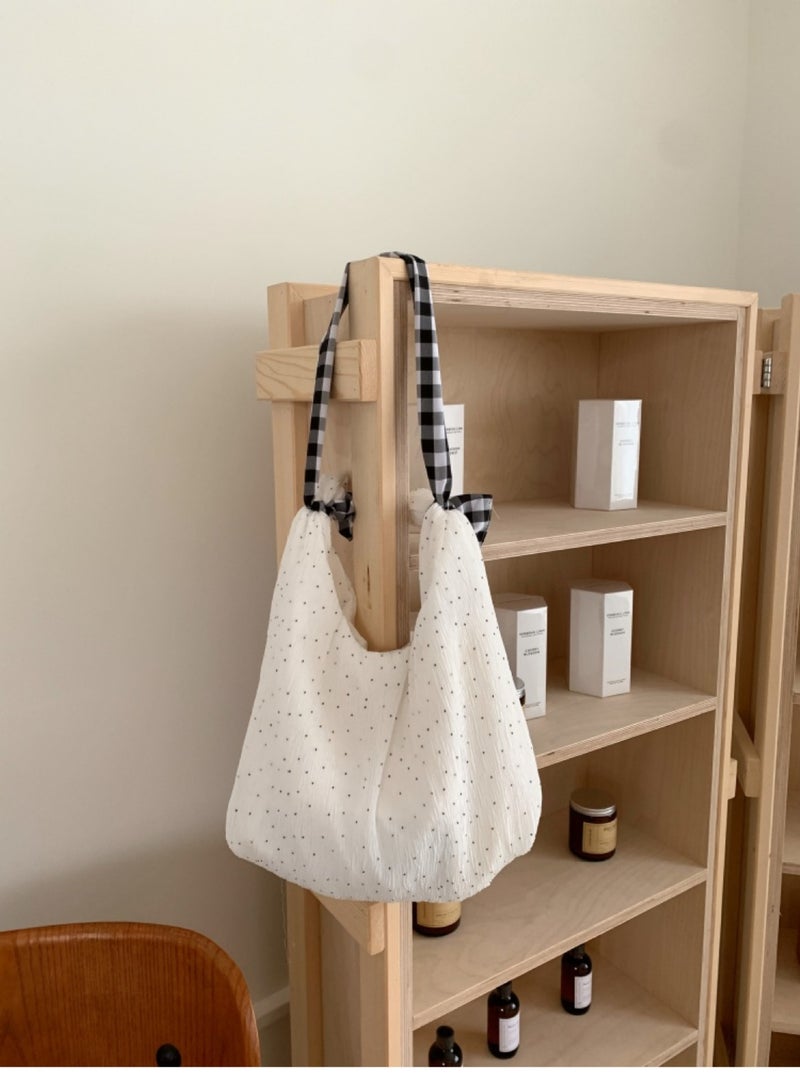 New Large Capacity Polka Dot Canvas Bag Artistic Style Small Fresh Shoulder Bag Commuting Texture Tote Bag - Image 1