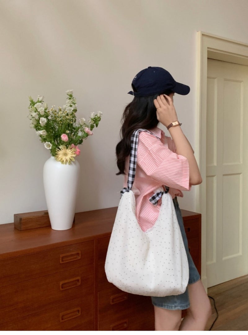 New Large Capacity Polka Dot Canvas Bag Artistic Style Small Fresh Shoulder Bag Commuting Texture Tote Bag - Image 4