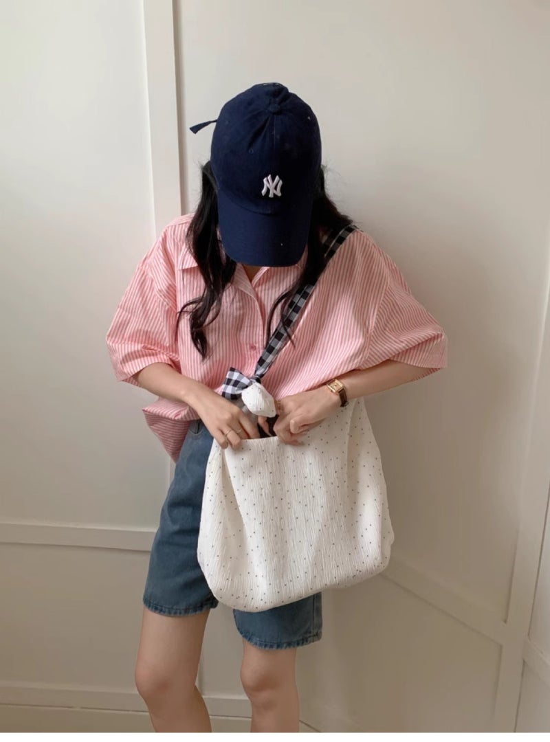 New Large Capacity Polka Dot Canvas Bag Artistic Style Small Fresh Shoulder Bag Commuting Texture Tote Bag - Image 3