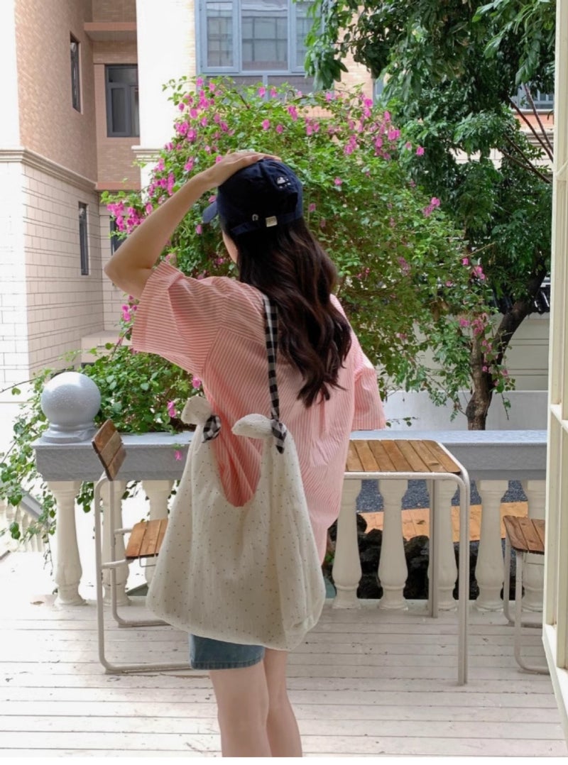 New Large Capacity Polka Dot Canvas Bag Artistic Style Small Fresh Shoulder Bag Commuting Texture Tote Bag - Image 5