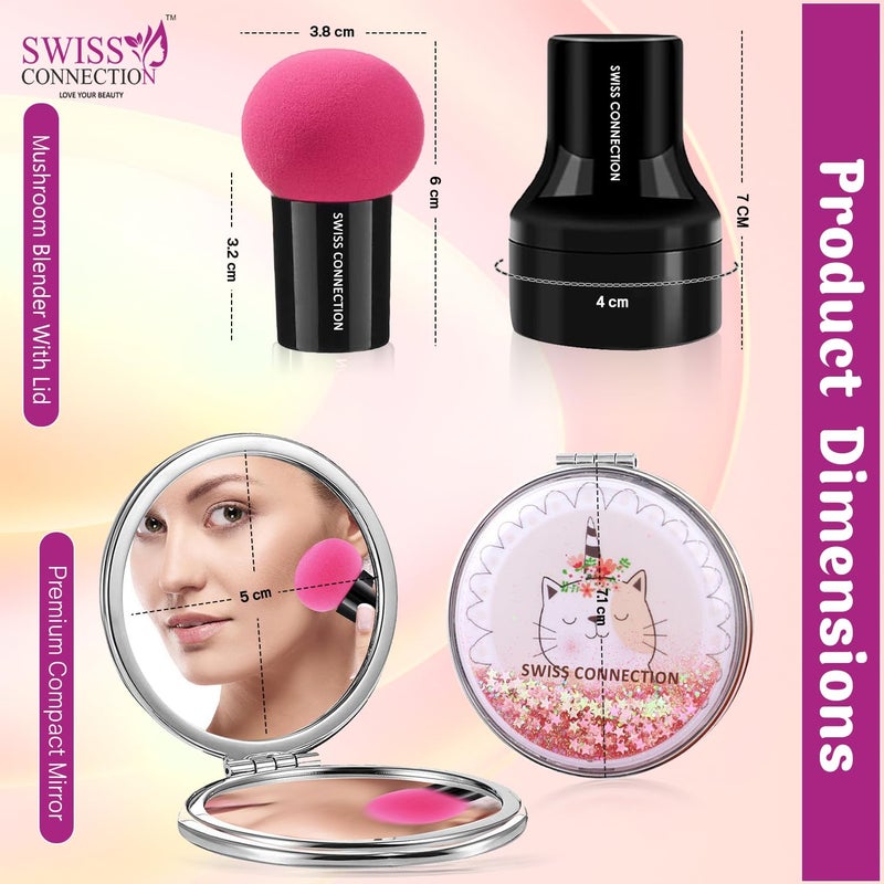 Swiss Connection Swiss Connection Portable Mirror for Women and Girls Mini Mirror Travel Makeup Mirrors 1X2X DoubleSided Mirror Facial Puff Mushroom Sponge With Case Beauty Blender For Makeup Pack of 2  - Image 2