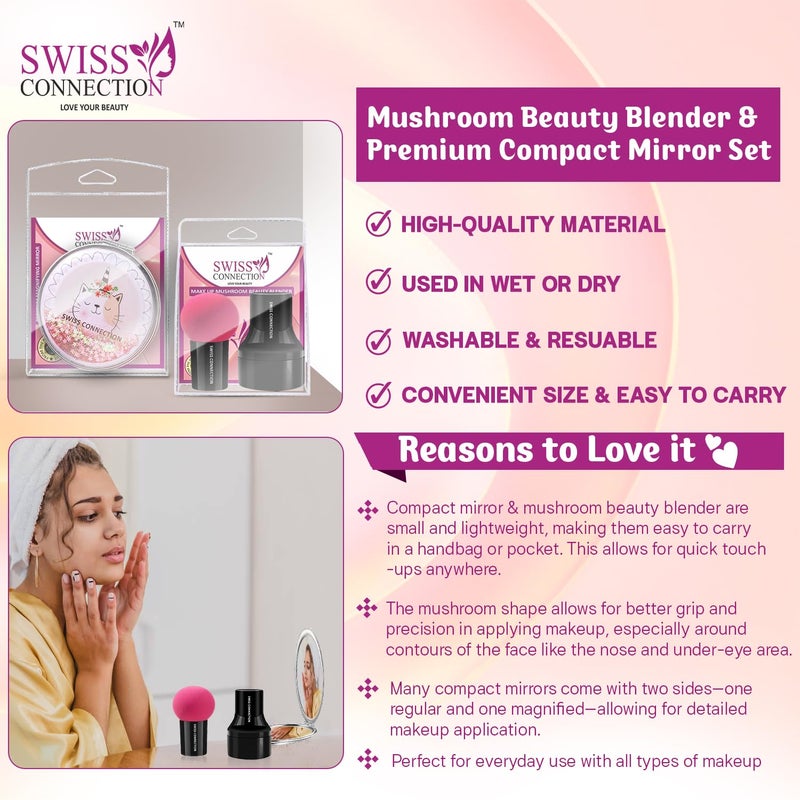 Swiss Connection Swiss Connection Portable Mirror for Women and Girls Mini Mirror Travel Makeup Mirrors 1X2X DoubleSided Mirror Facial Puff Mushroom Sponge With Case Beauty Blender For Makeup Pack of 2  - Image 3