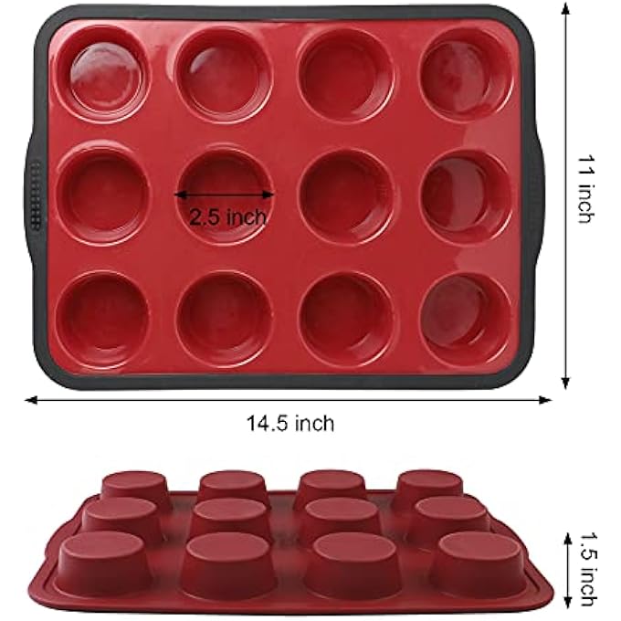 NonStick Silicone Muffin Pan With Reinforced Stainless Steel Frame Inside12 Cup Regular Muffin Baking Mold 12 Cup Muffin Tin Bpa FreeDishwasher SafeRed - Image 3
