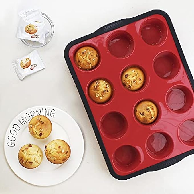 NonStick Silicone Muffin Pan With Reinforced Stainless Steel Frame Inside12 Cup Regular Muffin Baking Mold 12 Cup Muffin Tin Bpa FreeDishwasher SafeRed - Image 2