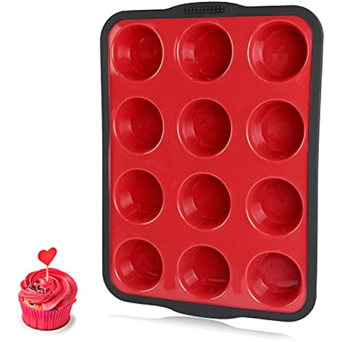 NonStick Silicone Muffin Pan With Reinforced Stainless Steel Frame Inside12 Cup Regular Muffin Baking Mold 12 Cup Muffin Tin Bpa FreeDishwasher SafeRed - Image 1