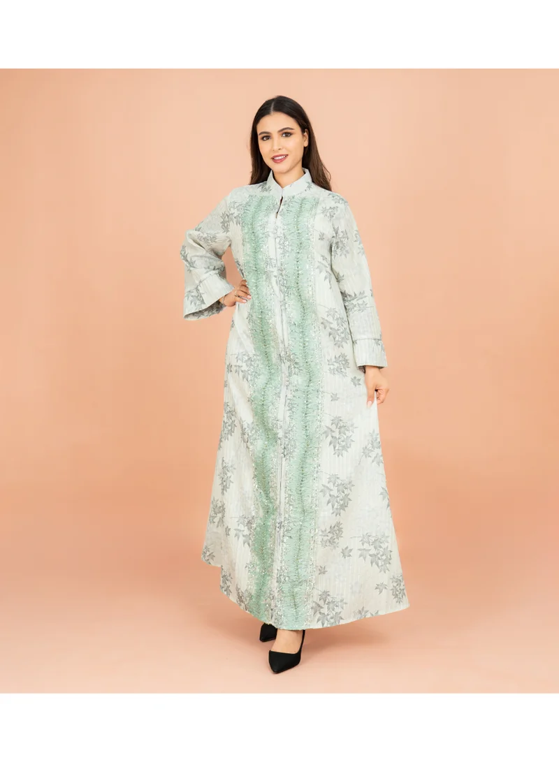 IKKXA Mandarin Colar Printed Elegant Jalabiya IK4027 Grey