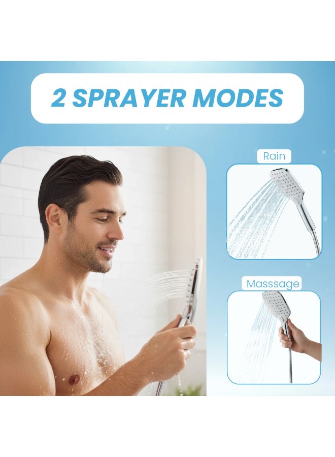 Euro Spring Eurospring High Pressure Handheld Shower Head Set – 2 Mode Square Chrome Sprayer with 1.5M Stainless Steel Hose & Holder – Anti-Clog Silicone Nozzles for Hard Water & Low Pressure – Universal G1/2 Install - Image 3