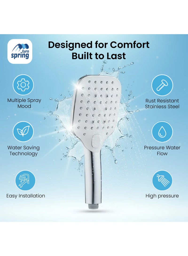 Euro Spring Eurospring High Pressure Handheld Shower Head Set – 2 Mode Square Chrome Sprayer with 1.5M Stainless Steel Hose & Holder – Anti-Clog Silicone Nozzles for Hard Water & Low Pressure – Universal G1/2 Install - Image 2
