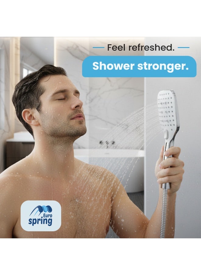 Euro Spring Eurospring High Pressure Handheld Shower Head Set – 2 Mode Square Chrome Sprayer with 1.5M Stainless Steel Hose & Holder – Anti-Clog Silicone Nozzles for Hard Water & Low Pressure – Universal G1/2 Install - Image 5