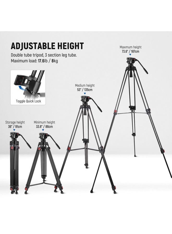Neewer 74" Video Tripod with Fluid Head, QR Plate , Aluminum Heavy Duty Camera Tripod Professional for DSLR Cameras Camcorders, Max Load 17.6lb/8kg, TP74 - Image 2