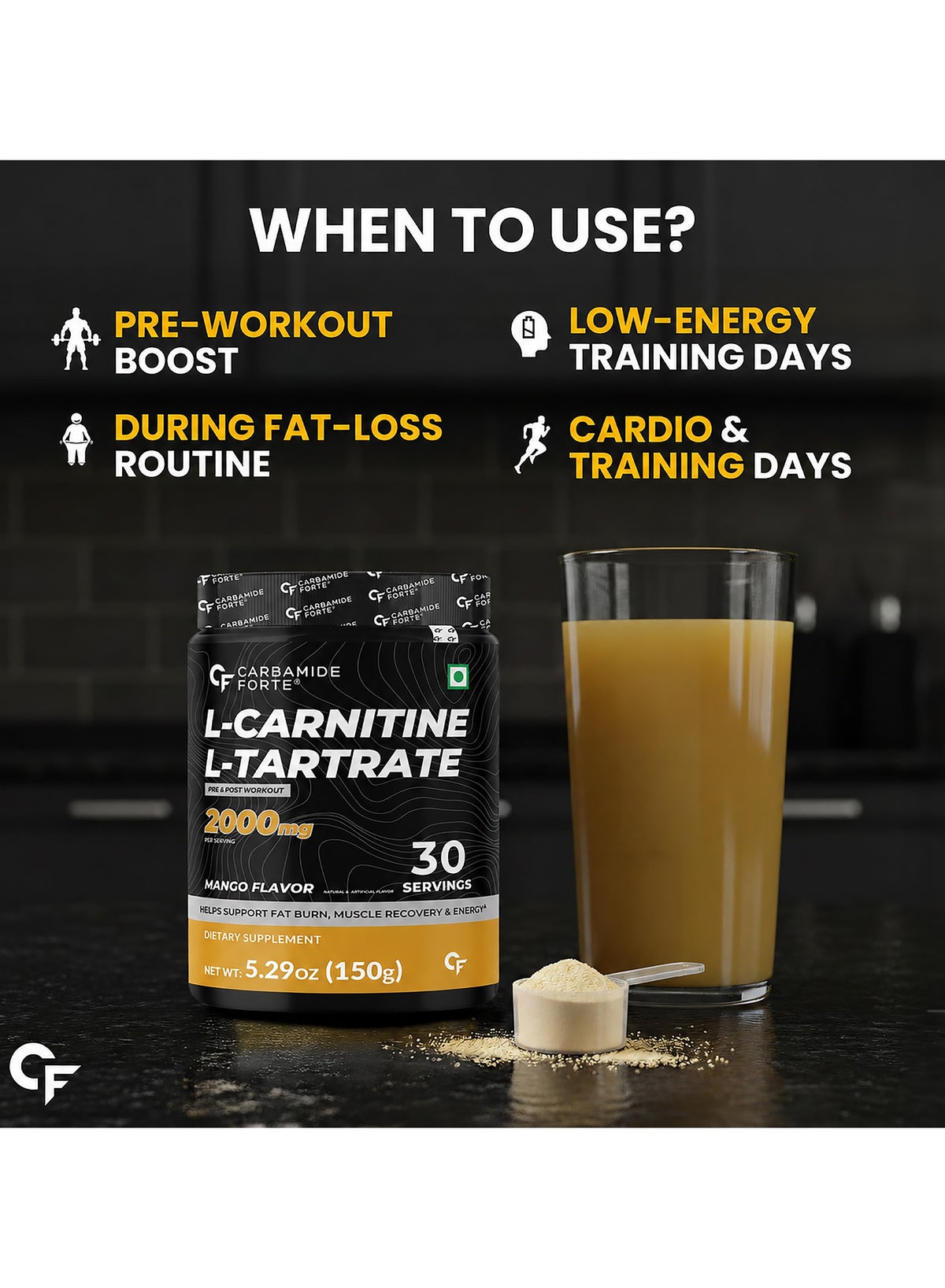 Carbamide Forte L Carnitine Powder For Men & Women 2000Mg Powder Pre Workout Supplement Post Workout Supplement Mango Flavour - 150G Powder