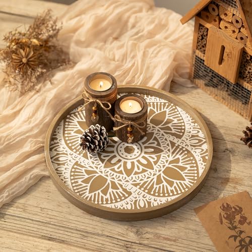 Hanobe Round Decorative Tray for Centerpiece: Boho Coffee Table Trays for Home Decor - Farmhouse Wood Serving Platter Rustic Circle Bohemian for Kitchen Counter Women - Image 2