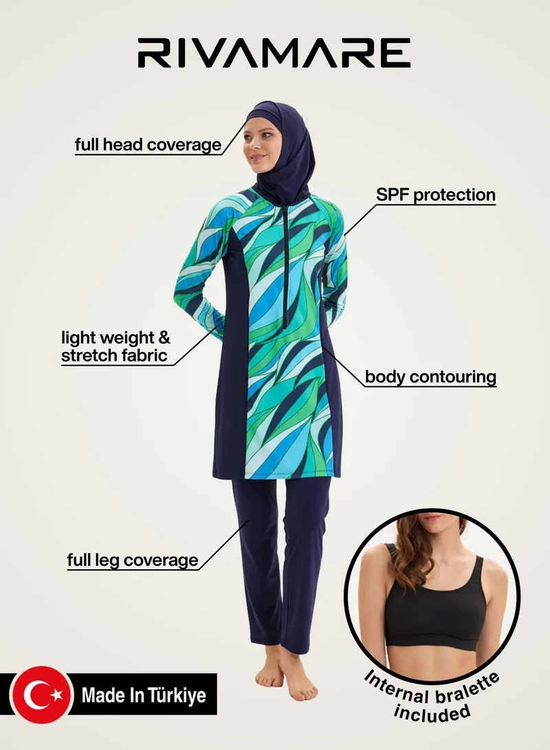 Rivamare GREEN-BLUE Noor Wave Burkini 5-Piece Modest Swimwear Set for Women | Best Price UAE