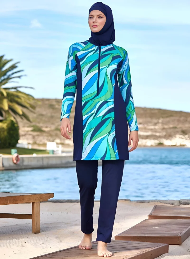Rivamare GREEN-BLUE Noor Wave Burkini 5-Piece Modest Swimwear Set for Women | Best Price UAE