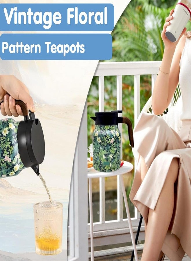 TBHAPY Vintage Floral Pattern Teapot - Built-in Infuser,Vintage Floral Tea Pot with Built in Infuser Stainless Steel Thermal Carafe with Lid for Hot Drinks(Wooden handle,35oz) - Image 5