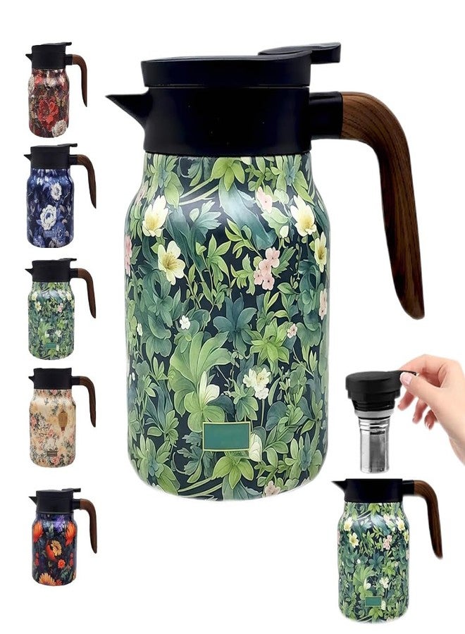 TBHAPY Vintage Floral Pattern Teapot - Built-in Infuser,Vintage Floral Tea Pot with Built in Infuser Stainless Steel Thermal Carafe with Lid for Hot Drinks(Wooden handle,35oz) - Image 1