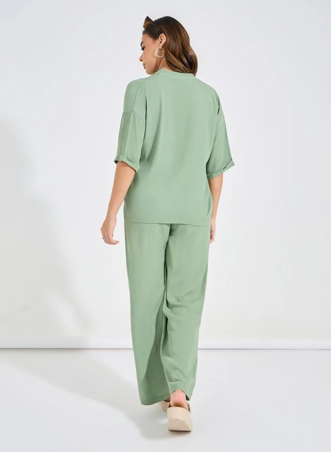 Styli Textured Boxy Shirt & Wide Leg Pants Co-Ords