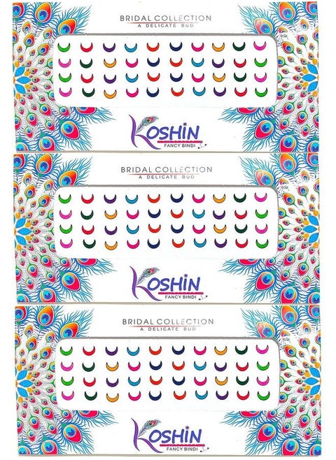 Multi Color Half Moon Shape Medium Size (Per Bindi Height 6 Mm X Width 7 Mm) Forehead Bindi For Girls Women Ladies Pack Of 3 (Multi Color Chand Bindi)