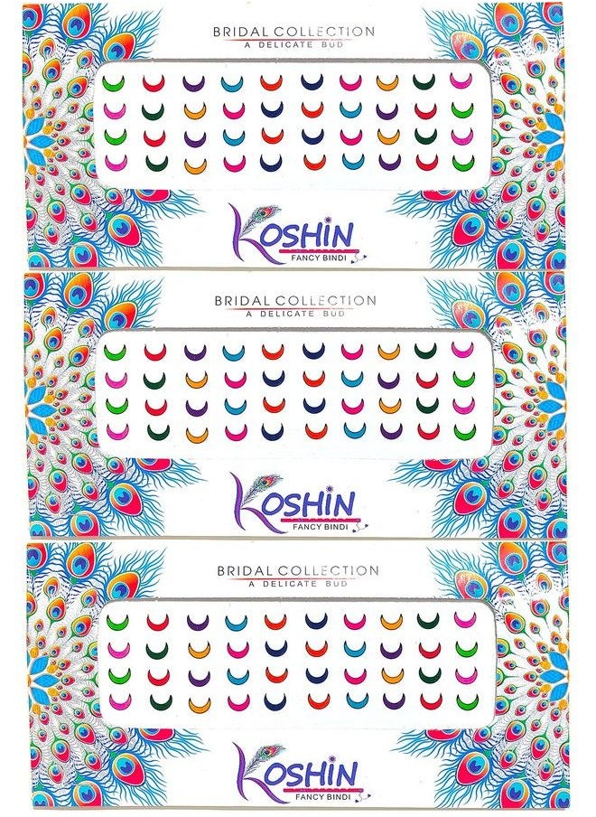 KOSHIN - Multi Color Half Moon Shape Medium Size (Per Bindi Height 6 Mm X Width 7 Mm) Forehead Bindi For Girls Women Ladies Pack Of 3 (Multi Color Chand Bindi) - Image 1