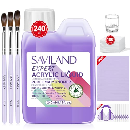 SAVILAND 8OZ EMA سائل أحادي أكريليك نقي بدون رائحة لمونومر الأظافر المحترفة لمجموعة سائل مونومر للأظافر مع فرشاة أكريليك طبق غمس حصيرة طاولة الأظافر لتقنيي الأظافر في الصالون - Image 1