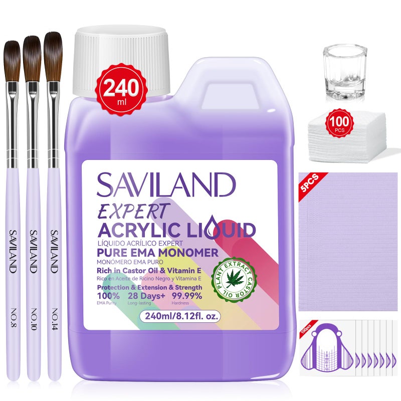 SAVILAND 8OZ EMA سائل أحادي أكريليك نقي بدون رائحة لمونومر الأظافر المحترفة لمجموعة سائل مونومر للأظافر مع فرشاة أكريليك طبق غمس حصيرة طاولة الأظافر لتقنيي الأظافر في الصالون - Image 2