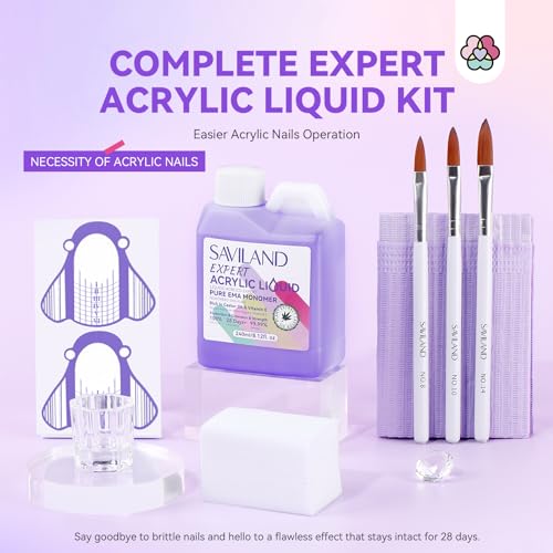 SAVILAND 8OZ EMA سائل أحادي أكريليك نقي بدون رائحة لمونومر الأظافر المحترفة لمجموعة سائل مونومر للأظافر مع فرشاة أكريليك طبق غمس حصيرة طاولة الأظافر لتقنيي الأظافر في الصالون - Image 3