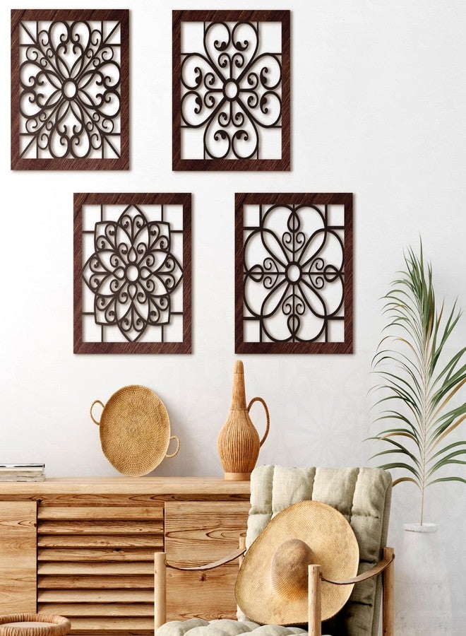 Yulejo 4 Piece Thicken Rustic Wall Decor - Wooden Hollow Carved Design Rustic Wall Art for Living Room, Bedroom, Hallway, Office, Kitchen (Brown, Black) - Image 4
