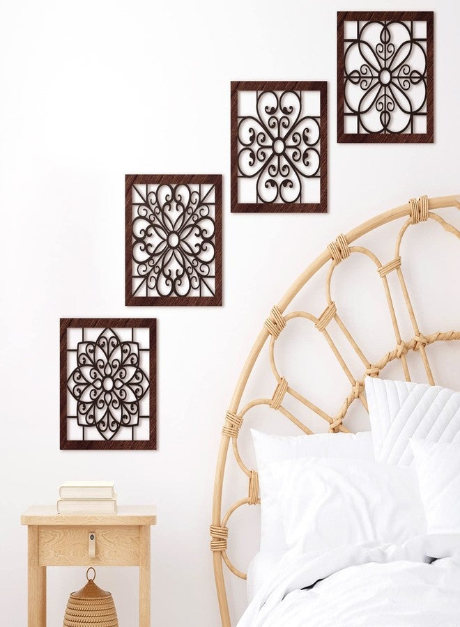 Yulejo 4 Piece Thicken Rustic Wall Decor - Wooden Hollow Carved Design Rustic Wall Art for Living Room, Bedroom, Hallway, Office, Kitchen (Brown, Black) - Image 2