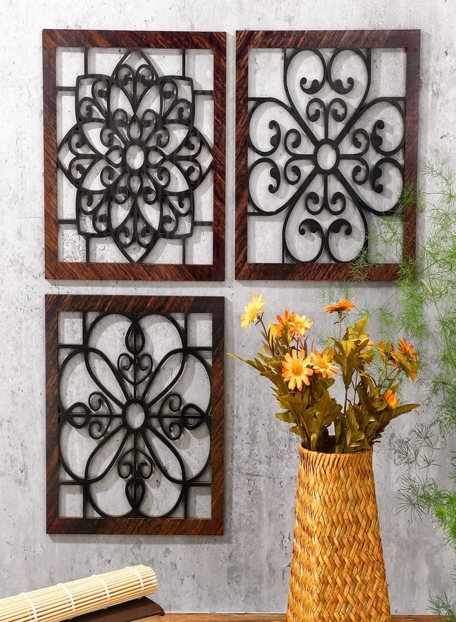 Yulejo 4 Piece Thicken Rustic Wall Decor - Wooden Hollow Carved Design Rustic Wall Art for Living Room, Bedroom, Hallway, Office, Kitchen (Brown, Black) - Image 5