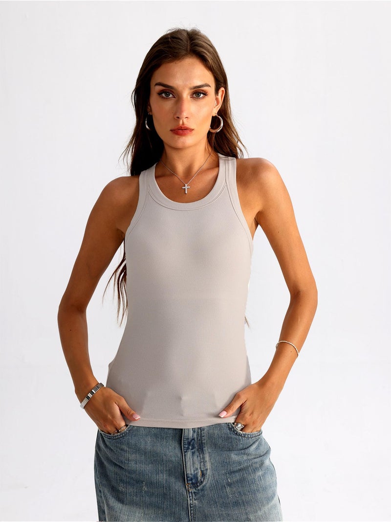 Danysu High Neck Ribbed Cotton Tank Tops for Women with Built in Bra Non See Through Thick Strap Cami Tops Oat Taupe Medium - Image 2