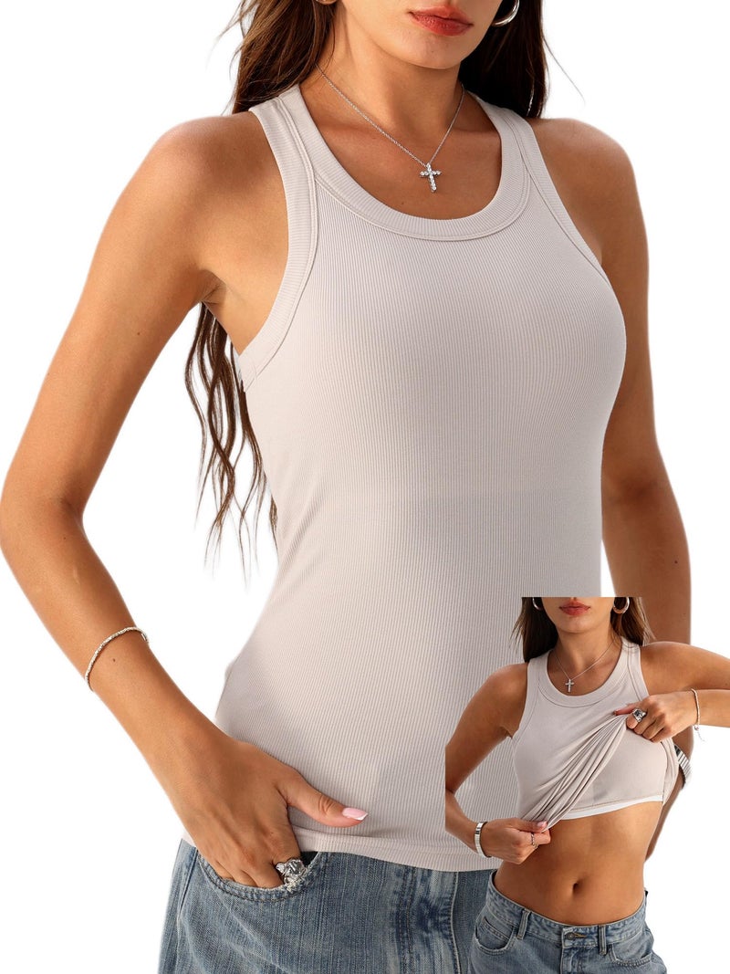 Danysu High Neck Ribbed Cotton Tank Tops for Women with Built in Bra Non See Through Thick Strap Cami Tops Oat Taupe Medium - Image 1