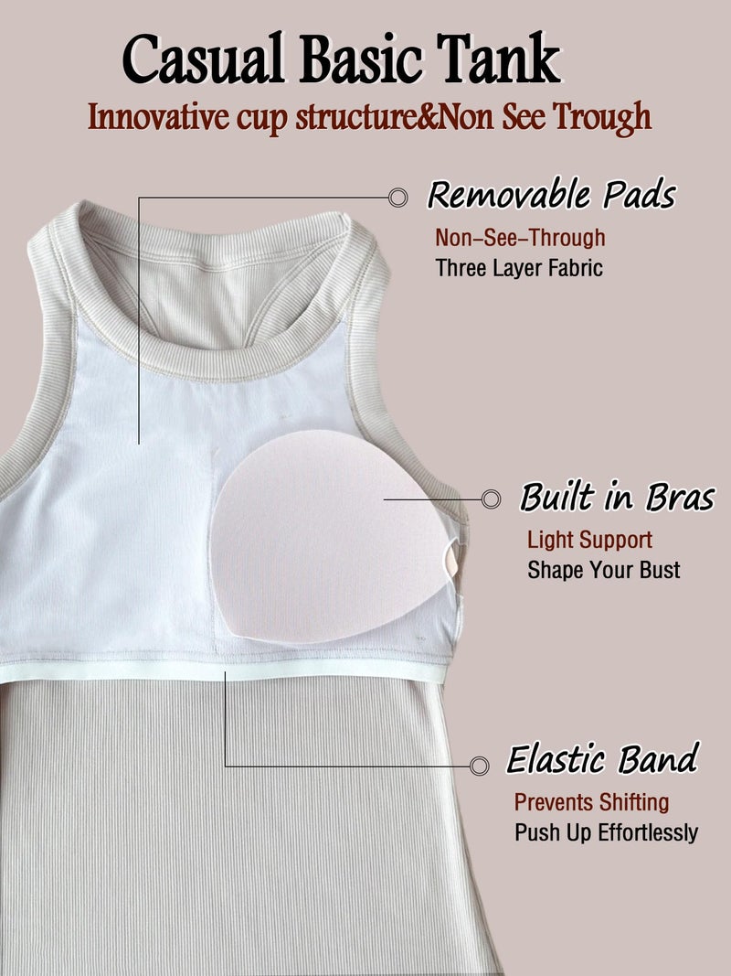 Danysu High Neck Ribbed Cotton Tank Tops for Women with Built in Bra Non See Through Thick Strap Cami Tops Oat Taupe Medium - Image 5