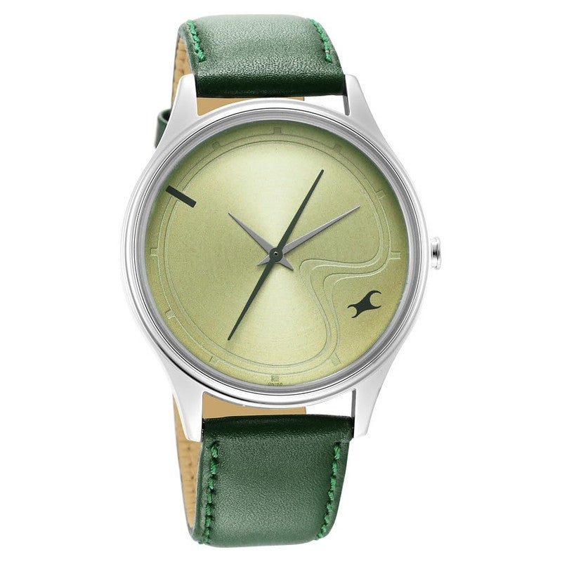 Fastrack Stunners Men's Quartz Analog | Sculpted Matte Green Dial with Green Leather Strap | Polished Silver Case & Minimalist Design - NR3290SL02 - Image 4