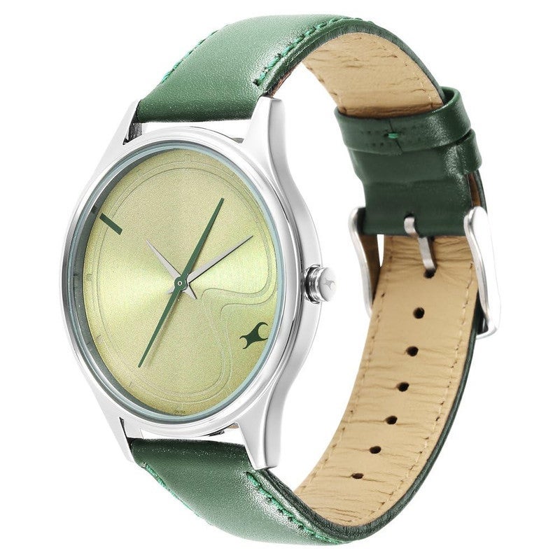 Fastrack Stunners Men's Quartz Analog | Sculpted Matte Green Dial with Green Leather Strap | Polished Silver Case & Minimalist Design - NR3290SL02 - Image 3